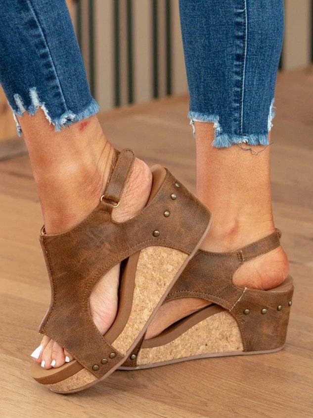 Rivet Hook and Loop Wedge Heel Sandals