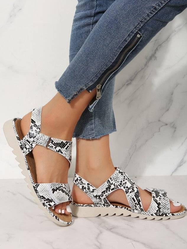 Black And White Snake Print Velcro Casual Sandals