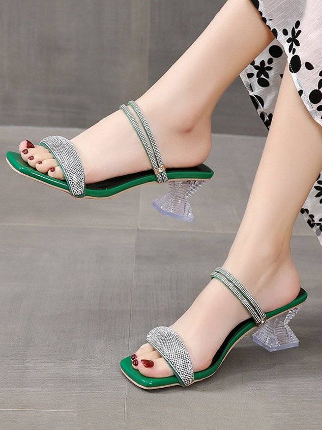 Women's Fashion Rhinestone Spool Heel Strappy Sandals