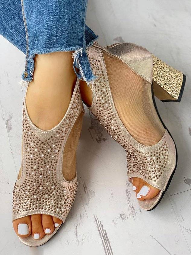 Rhinestone Mesh Paneled Party Chunky Heel Sandals Boots