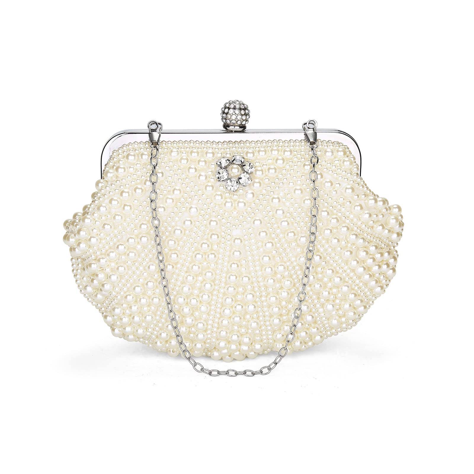 Women Pearl Clutch Bag Noble Crystal Beaded Evening Bag Wedding Clutch with Pearl Chain