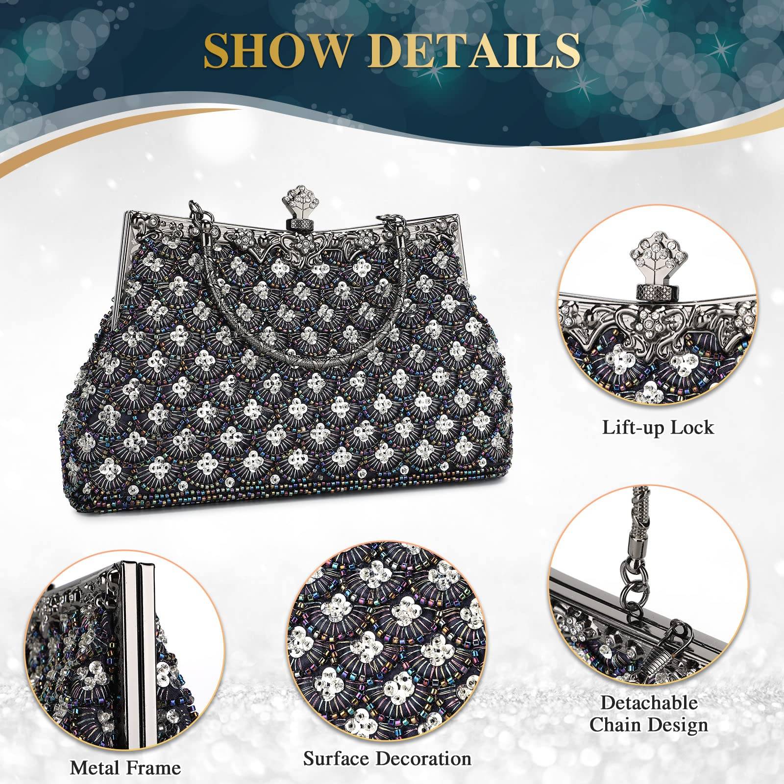 Women Vintage Floral Beaded Rhinestone Embroidery Clutch Evening Handbag Wedding Party Purse Vintage Bags