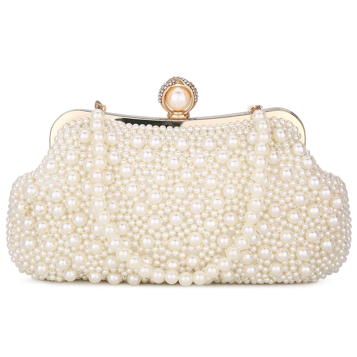 Women Pearl Clutch Bag Noble Crystal Beaded Evening Bag Wedding Clutch with Pearl Chain