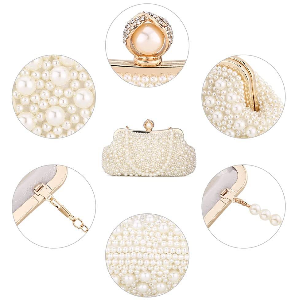 Women Pearl Clutch Bag Noble Crystal Beaded Evening Bag Wedding Clutch with Pearl Chain