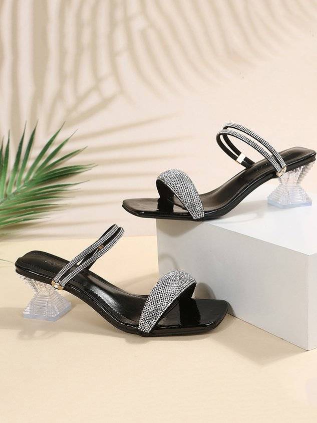 Women's Fashion Rhinestone Spool Heel Strappy Sandals