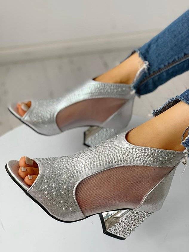 Rhinestone Mesh Paneled Party Chunky Heel Sandals Boots