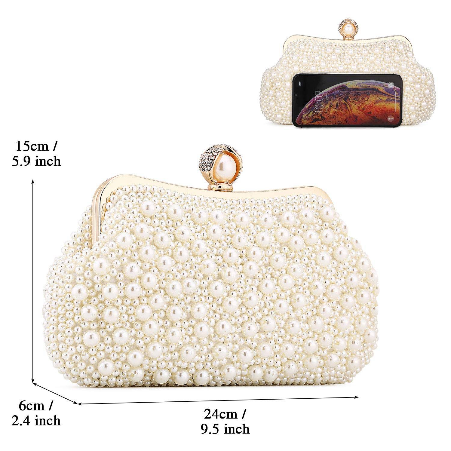 Women Pearl Clutch Bag Noble Crystal Beaded Evening Bag Wedding Clutch with Pearl Chain