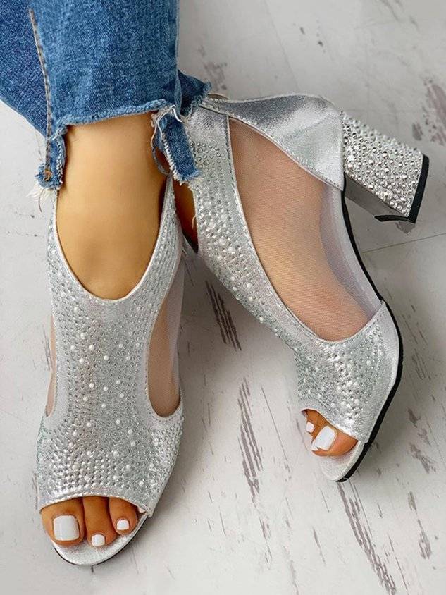 Rhinestone Mesh Paneled Party Chunky Heel Sandals Boots