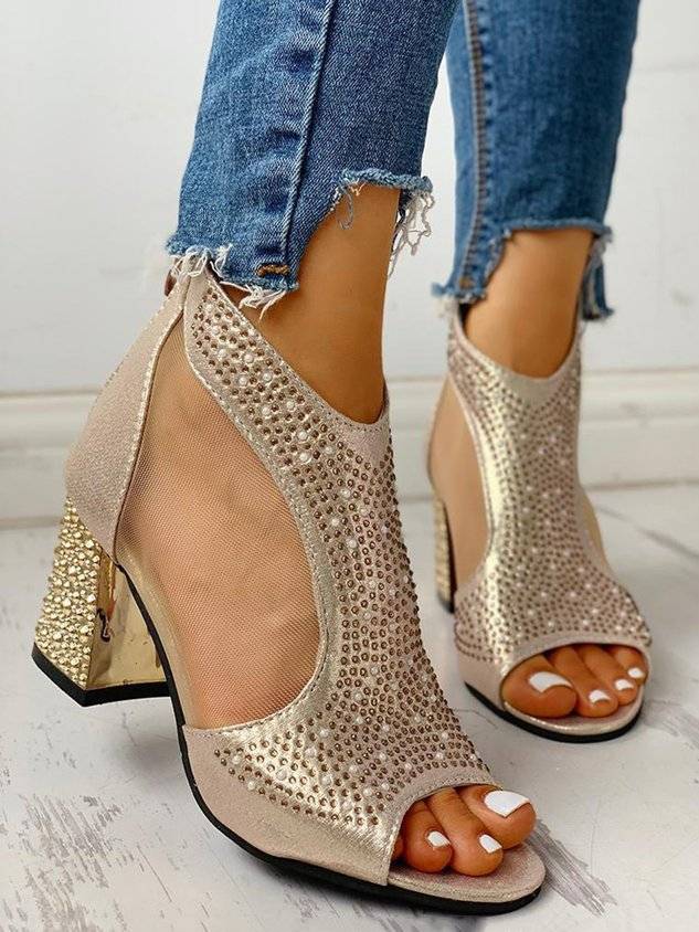 Rhinestone Mesh Paneled Party Chunky Heel Sandals Boots