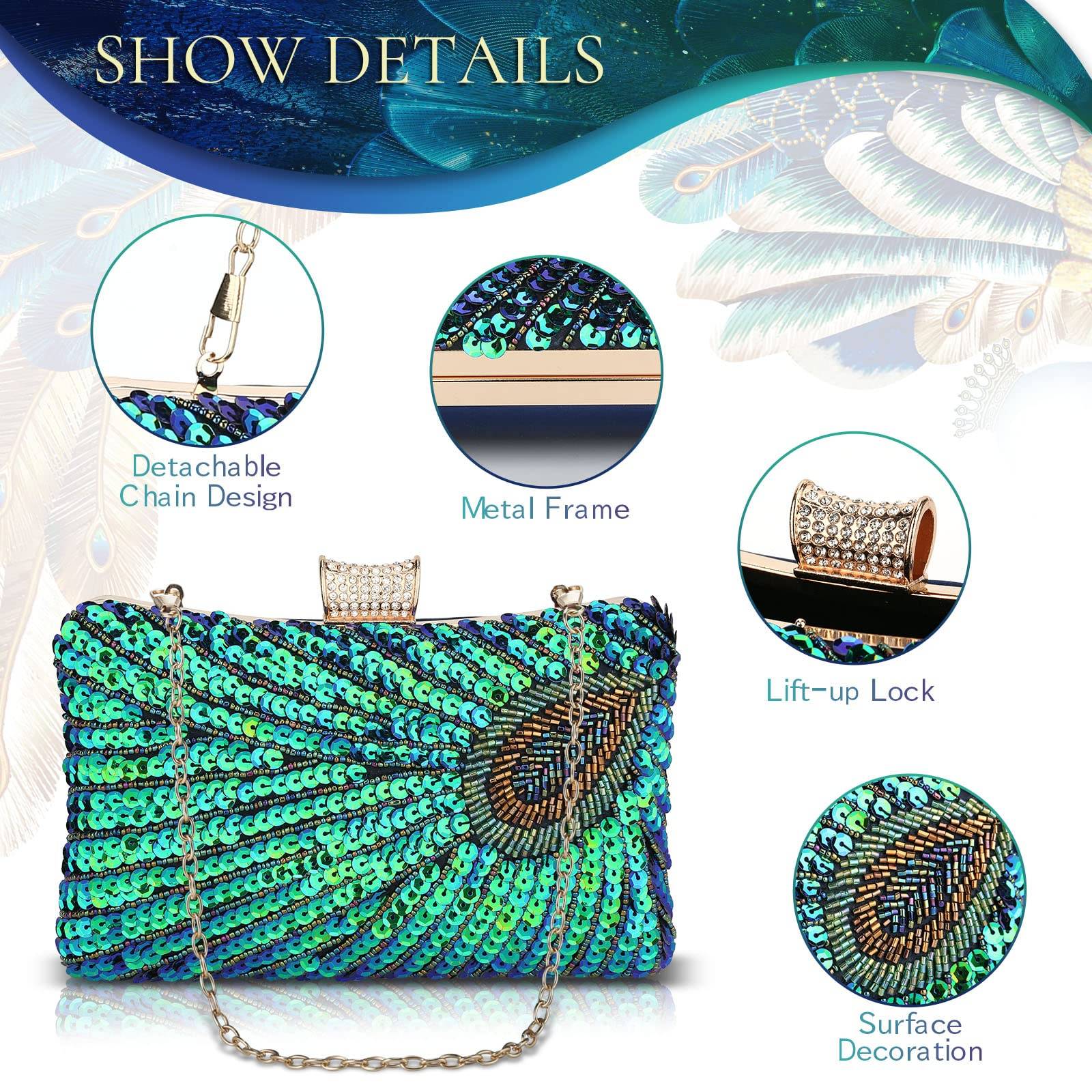 Beaded Sequin Peacock Evening Clutch Bags Party Wedding Purse