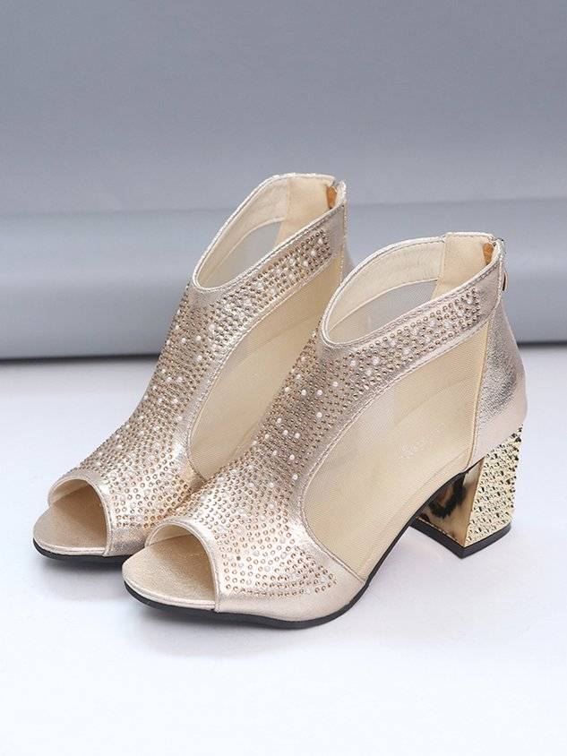 Rhinestone Mesh Paneled Party Chunky Heel Sandals Boots