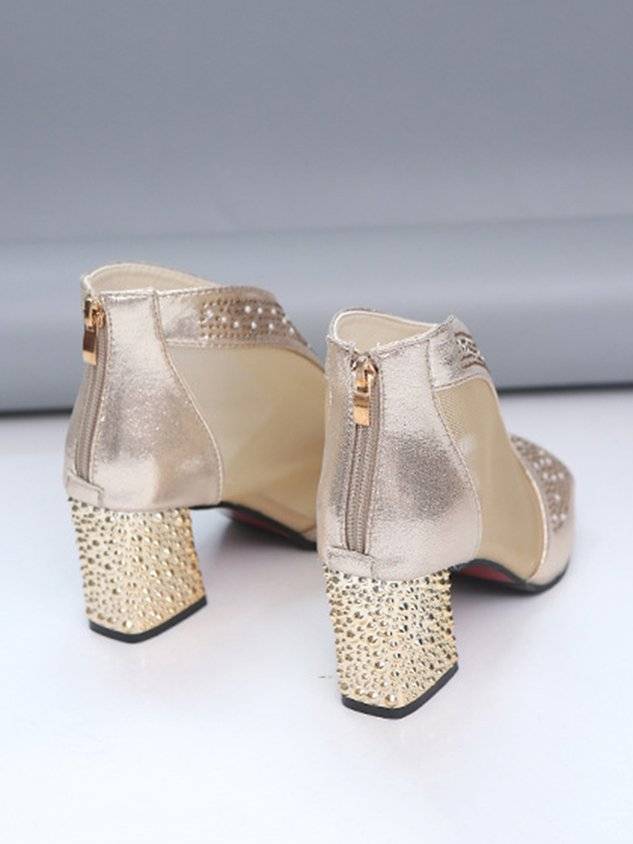 Rhinestone Mesh Paneled Party Chunky Heel Sandals Boots