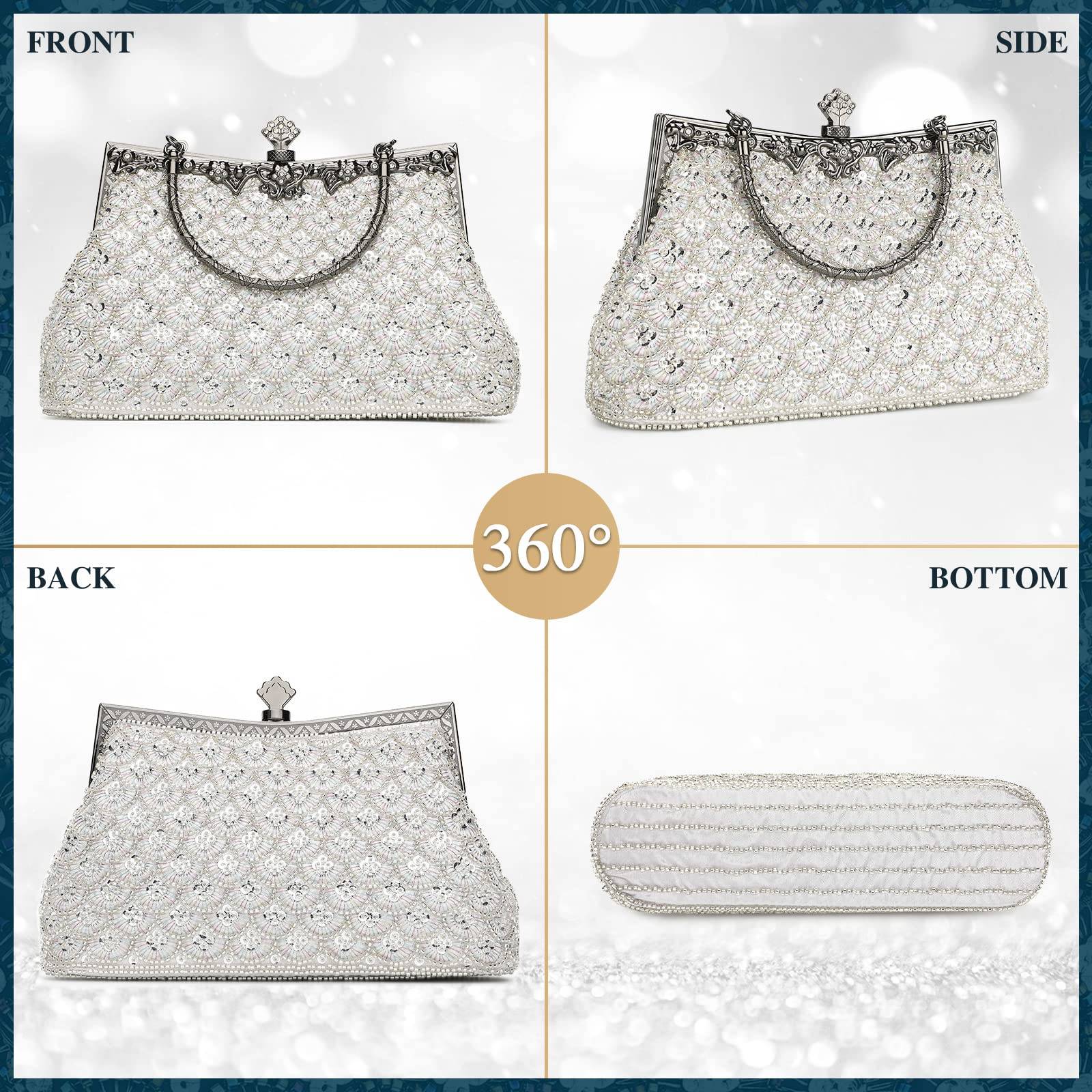 Women Vintage Floral Beaded Rhinestone Embroidery Clutch Evening Handbag Wedding Party Purse Vintage Bags