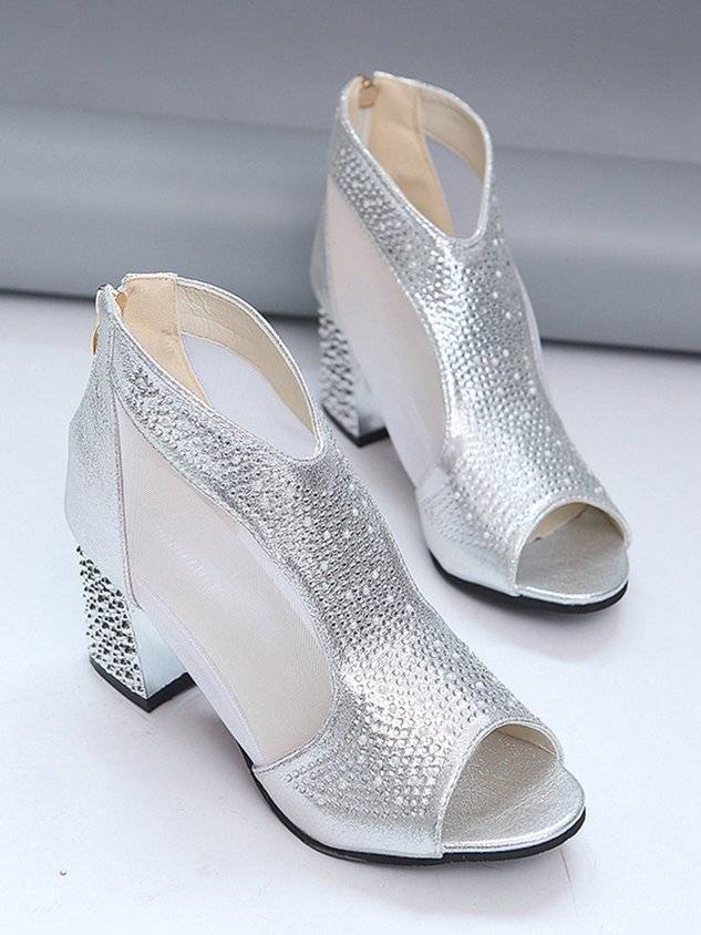 Rhinestone Mesh Paneled Party Chunky Heel Sandals Boots