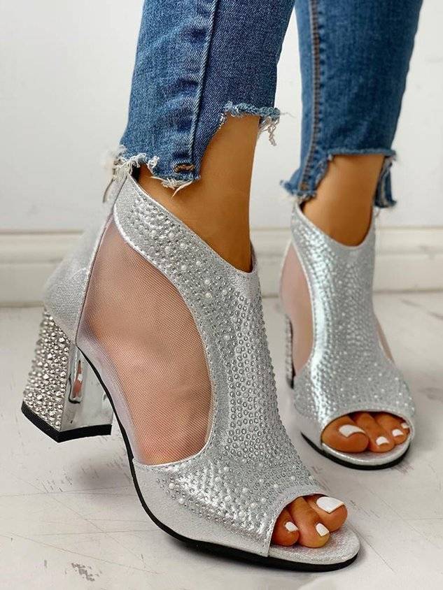 Rhinestone Mesh Paneled Party Chunky Heel Sandals Boots