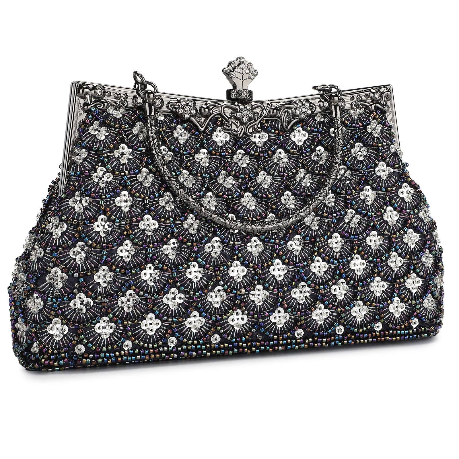 Women Vintage Floral Beaded Rhinestone Embroidery Clutch Evening Handbag Wedding Party Purse Vintage Bags