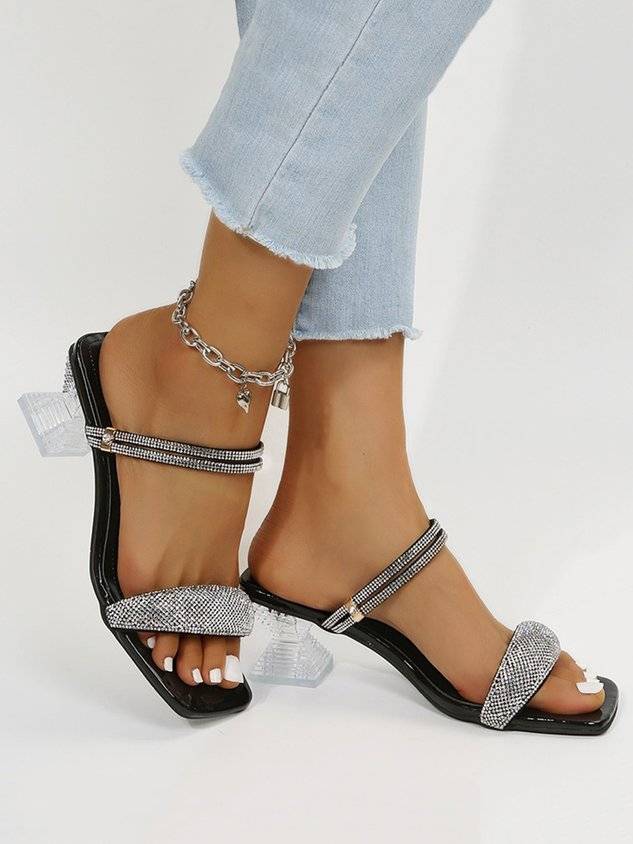 Women's Fashion Rhinestone Spool Heel Strappy Sandals